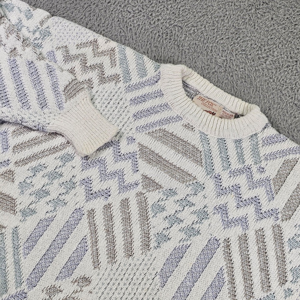 Vintage Fox Collection Sweater Mens XL‎ White Cotton Knit Abstract Geometric 80s